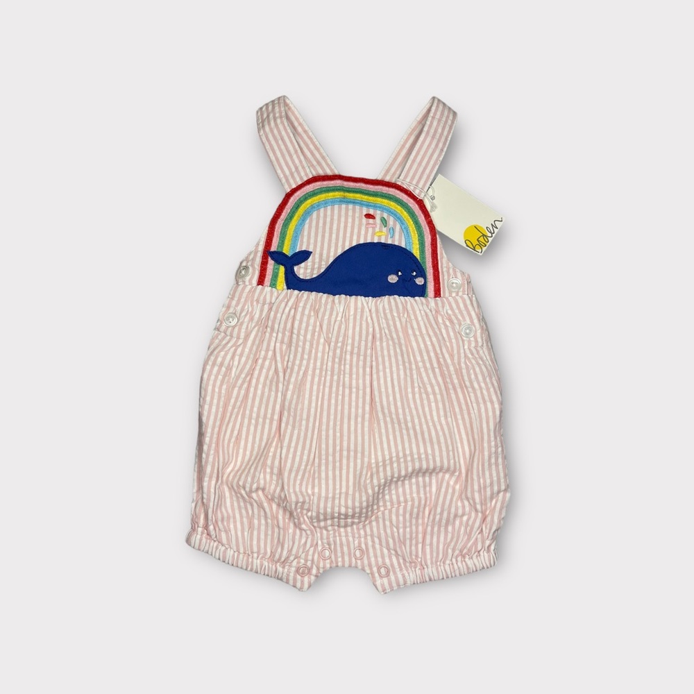 Mini Boden Pinstripe Whale Woven Applique Romper